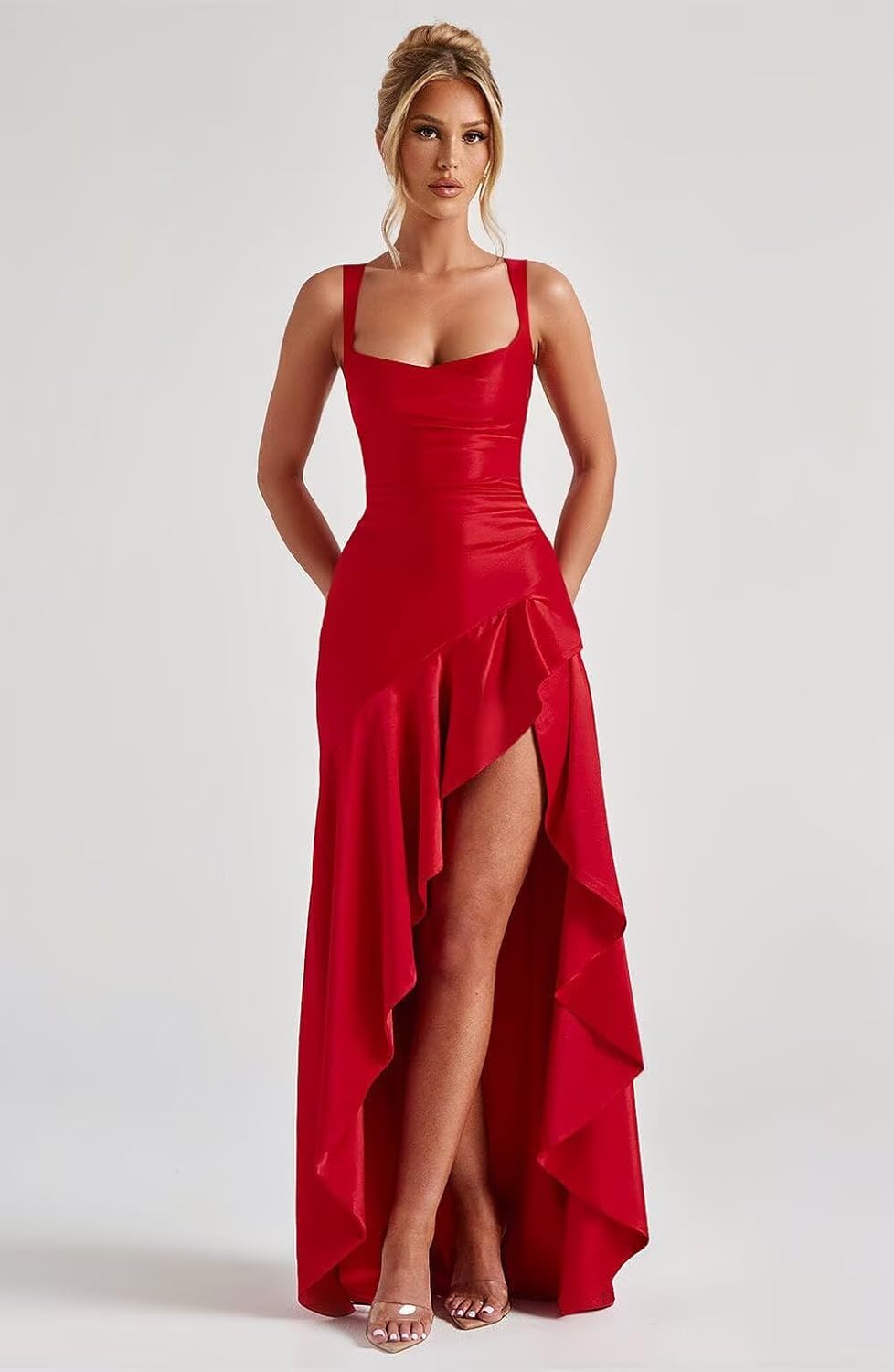 Satin Ruffles Prom Dresses for Teens Hi-Low Aline Cocktail Dresses for Women QA204 - View 4 | VelvetHem