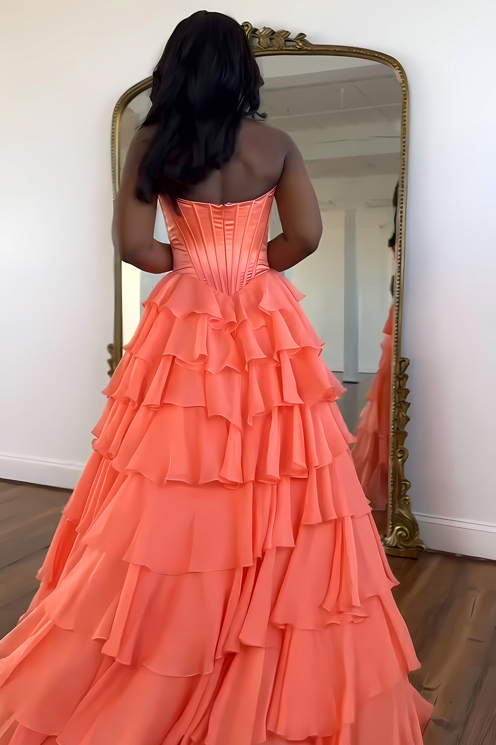 Stunning A-Line Sweetheart Satin Top Long Tiered Chiffon Prom Dress with Slit - View 7 | FashionDia