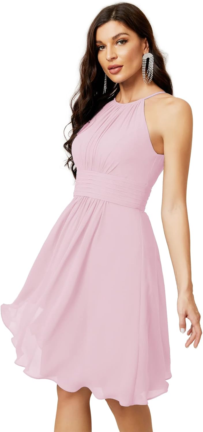 Sunnderly Short Halter Top Chiffon Bridesmaid Dresses Tea Length A Line Formal Evening Party Cocktail Dress Dusty Rose - View 13 | VelvetHem
