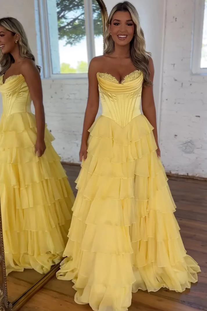 Strapless Corset Prom Dresses for Women 2025 Long Tiered Ruffle Chiffon Formal Evening Gown with Slit - View 9 | VelvetHem