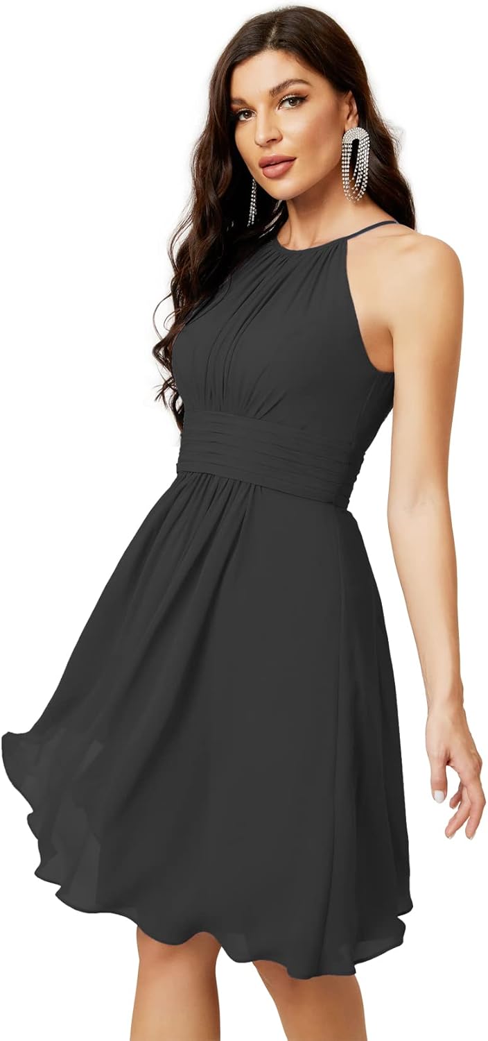 Sunnderly Short Halter Top Chiffon Bridesmaid Dresses Tea Length A Line Formal Evening Party Cocktail Dress Dusty Rose - View 9 | VelvetHem