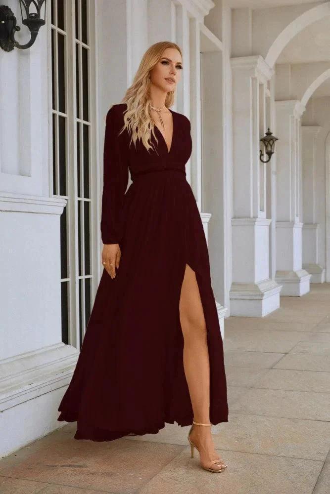 Ladies V Neck Chiffon Long Sleeve Front Slit Bridesmaid Evening Dress Wedding Party Shopping Evening Dress 28109 by numbersea