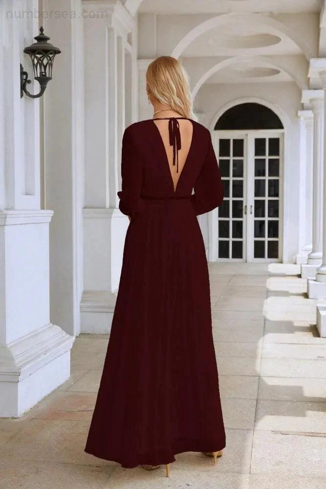 Ladies V Neck Chiffon Long Sleeve Front Slit Bridesmaid Evening Dress Wedding Party Shopping Evening Dress 28109 (ZD16991)
