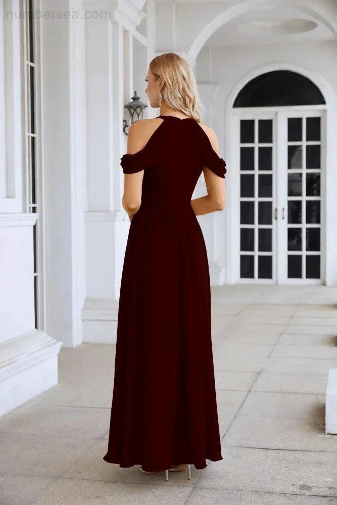 Ladies Chiffon Off Shoulder Swing Sleeve Front Slit Bridesmaid Evening Dress Wedding Party Evening Dress 28117 (ZD17011)