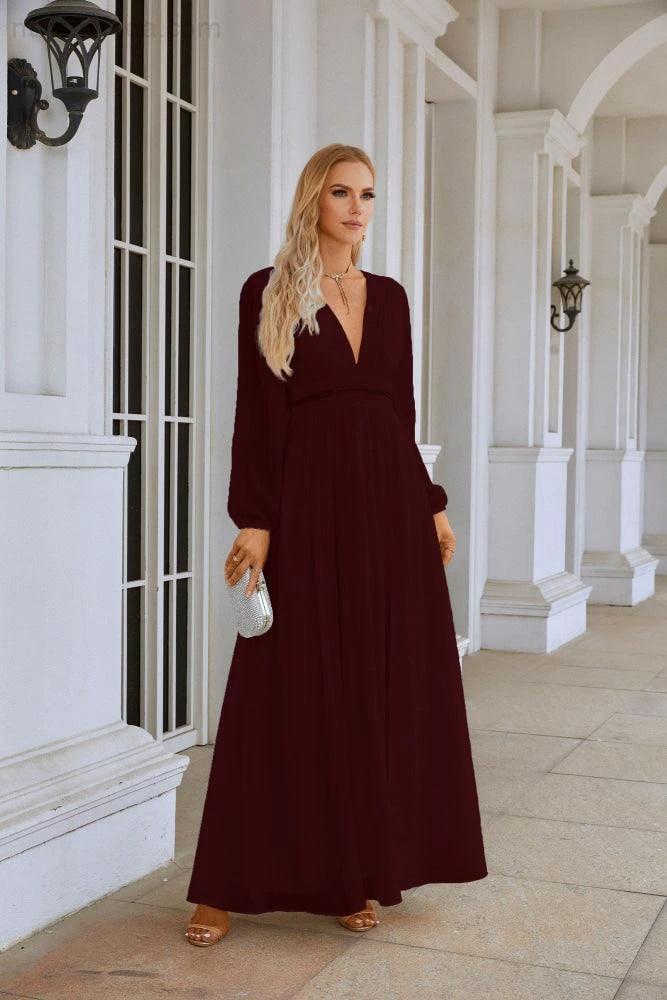Ladies V Neck Chiffon Long Sleeve Front Slit Bridesmaid Evening Dress Wedding Party Shopping Evening Dress 28109 (ZD16991)