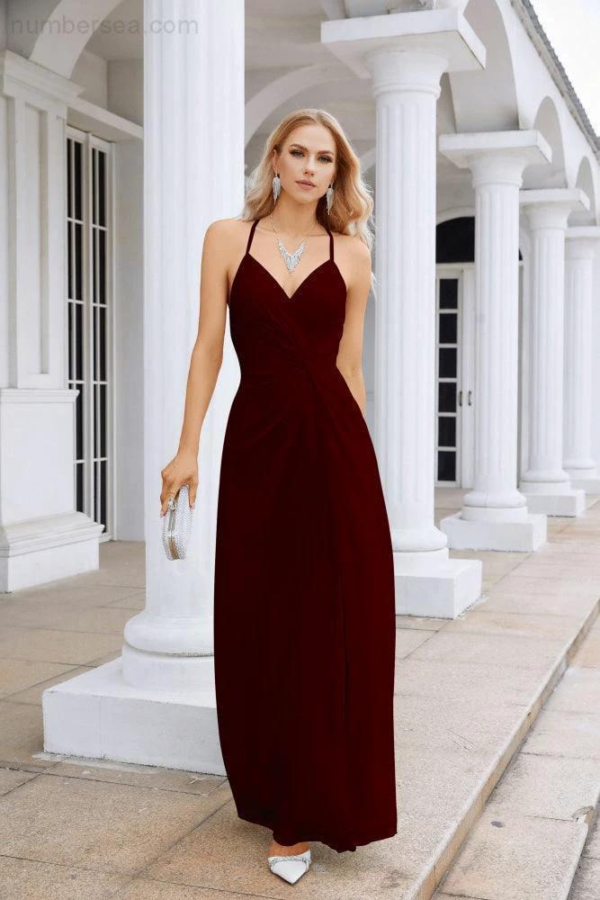 Ladies Chiffon Spaghetti Strap V Neck Front Slit Floor Length Bridesmaid Evening Dress Prom Party Wedding Evening Dress 28116 (ZD17012)