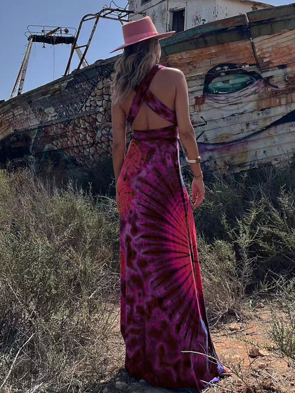 Tie dye Print V neck Cross Back Straps Stretch Maxi Dress