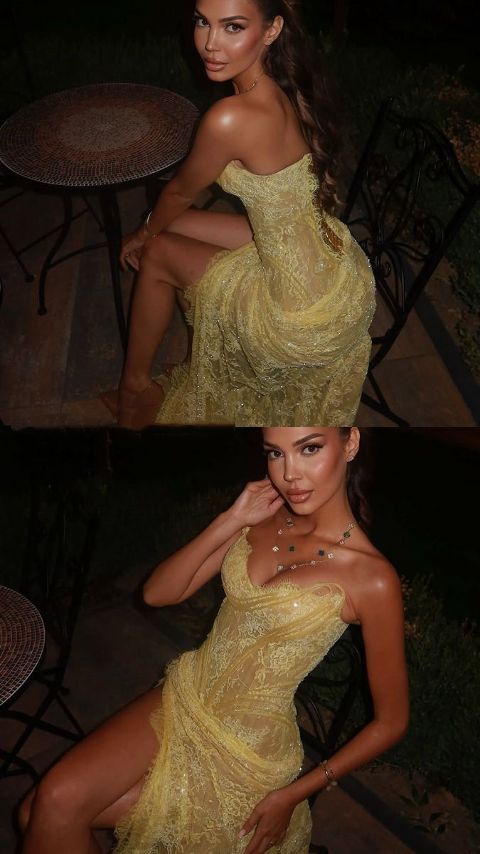 Mermaid Sweetheart Yellow Lace Slit Prom Dresses Long Party Dress - View 3 | VelvetHem