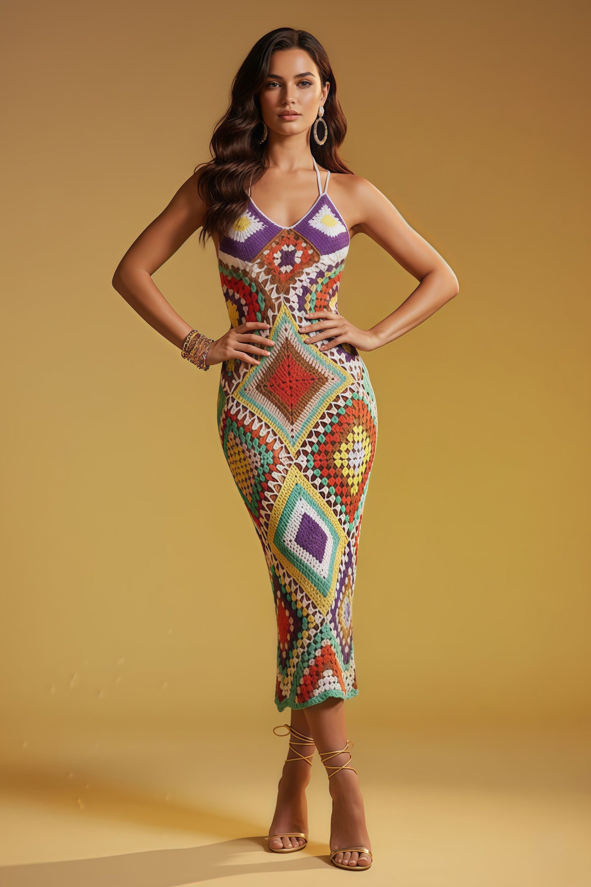 Sleeveless Geometric Pattern Crochet Midi Dress With Halter Neck
