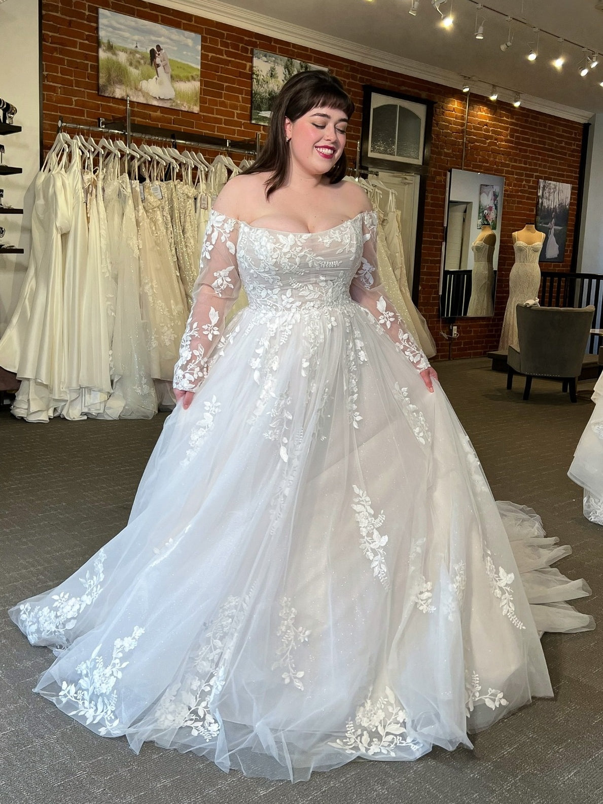 Off the Shoulder Long Sleeve Floral Tulle Bridal Ball Gown