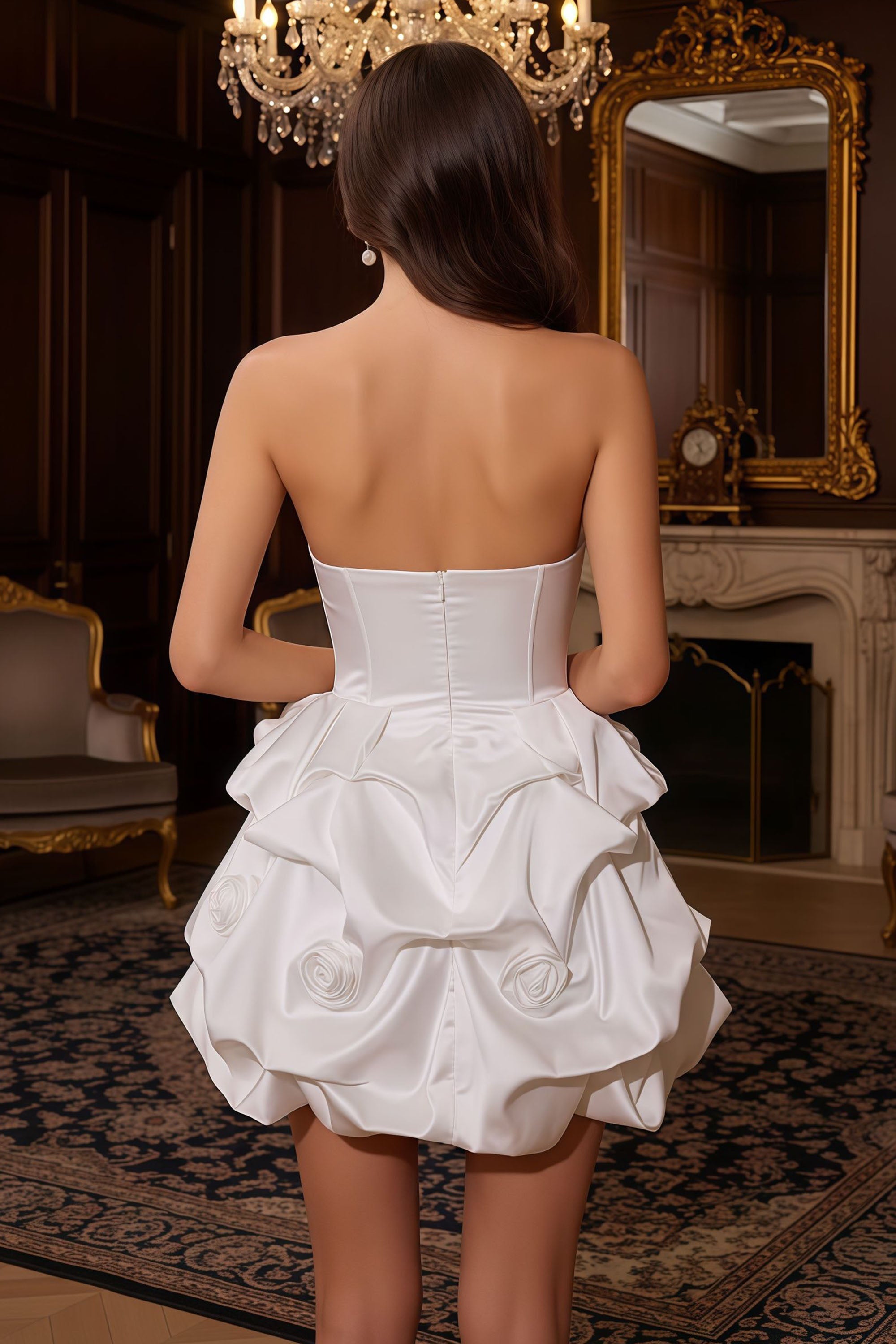 Strapless Corset Mini Dress with Floral Applique and Ruched Skirt