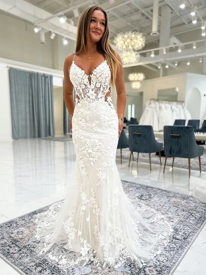 Spaghetti Strap Deep V Neck Floral Applique Mermaid Bridal Dress