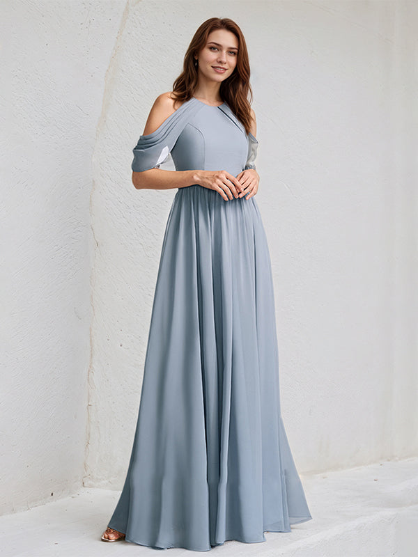 Dusty Blue A-Line High Neck Floor-Length Chiffon Bridesmaid Dress