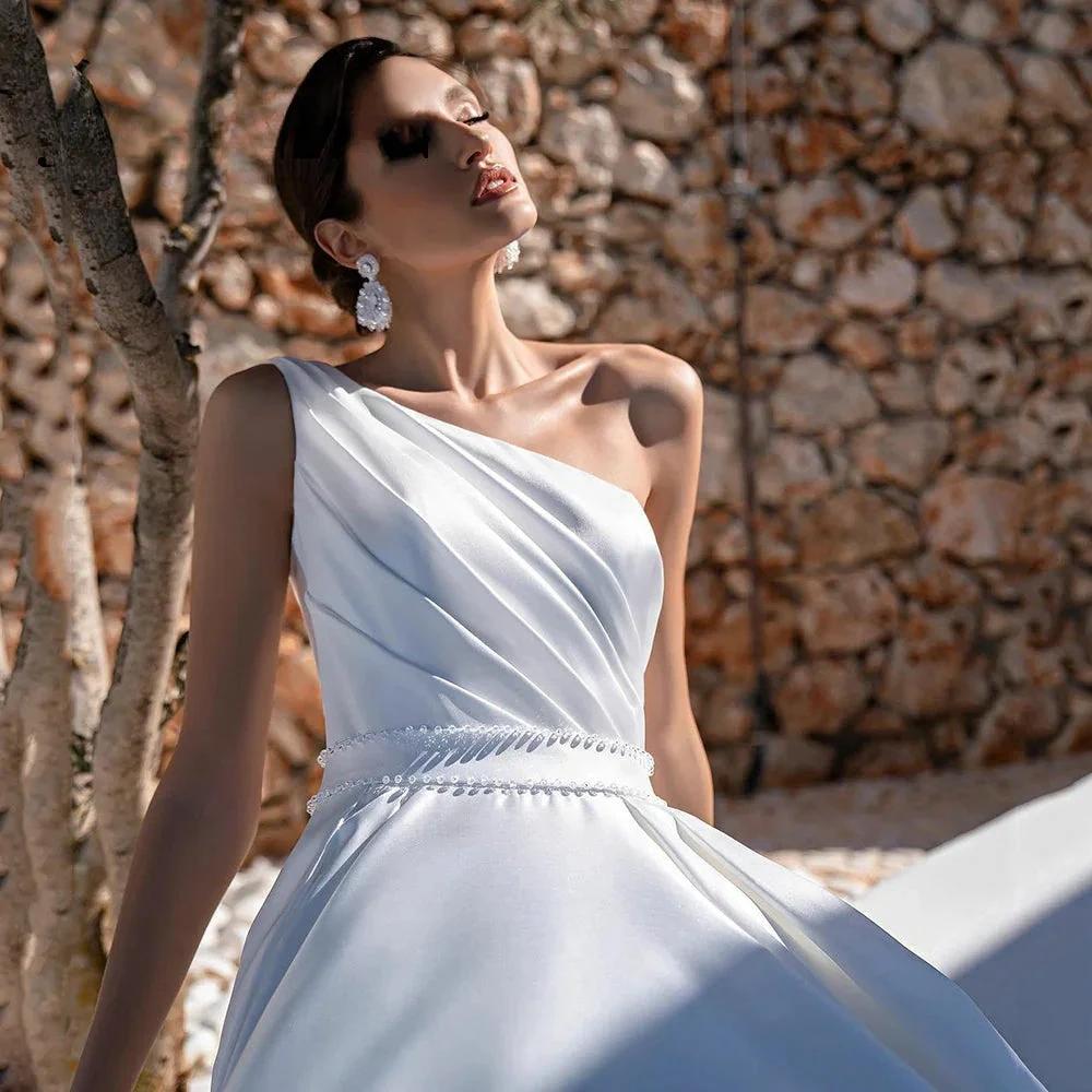 Elegant A-Line One Shoulder Stain Wedding Dress Beading Sleeveless Bridal Gowns For Women Custom Made Vestido De Novia (ZD13410)