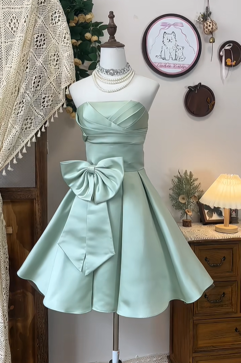 Classy Strapless Satin Bow Homecoming Dress Light Green Mini Birthday Dress - FashionDia