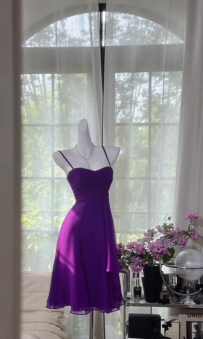 Beautiful Purple Spaghetti Straps Chiffon A Line Homecoming Dress Short Prom Dress
