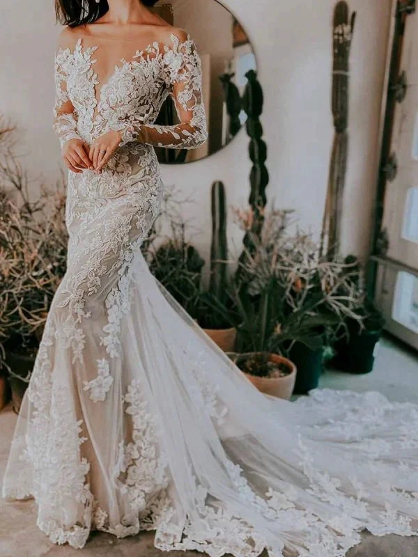 White Wedding Dress Illusion Neckline Long Sleeves Backless Natural Waist Lace With Train Long Bridal Mermaid Dress (ZD13585)