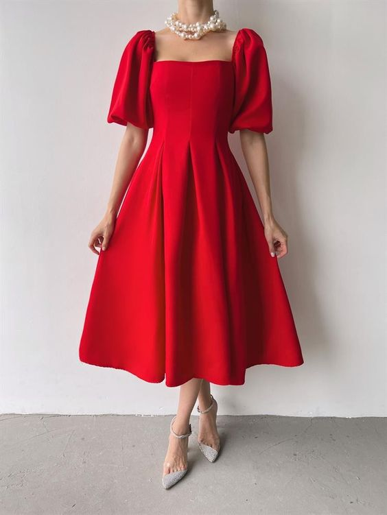 Vintage Red A-line Prom Dress,Red Midi-length Dress