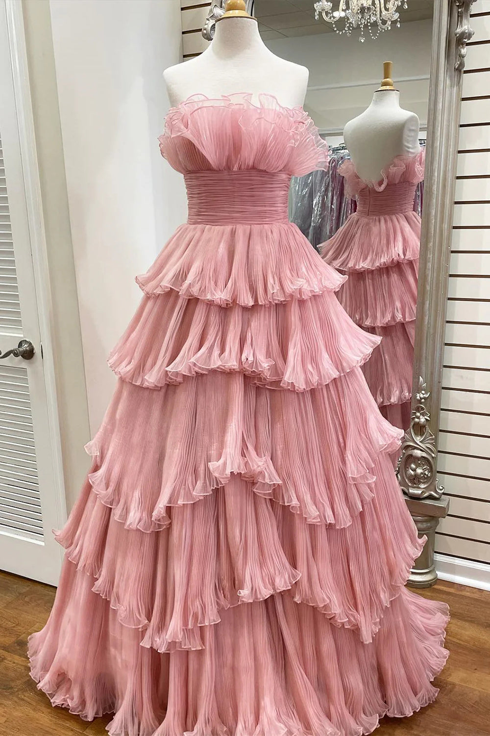 Beauty A-Line Strapless Pink Long Prom Dress with Ruffles - FashionDia