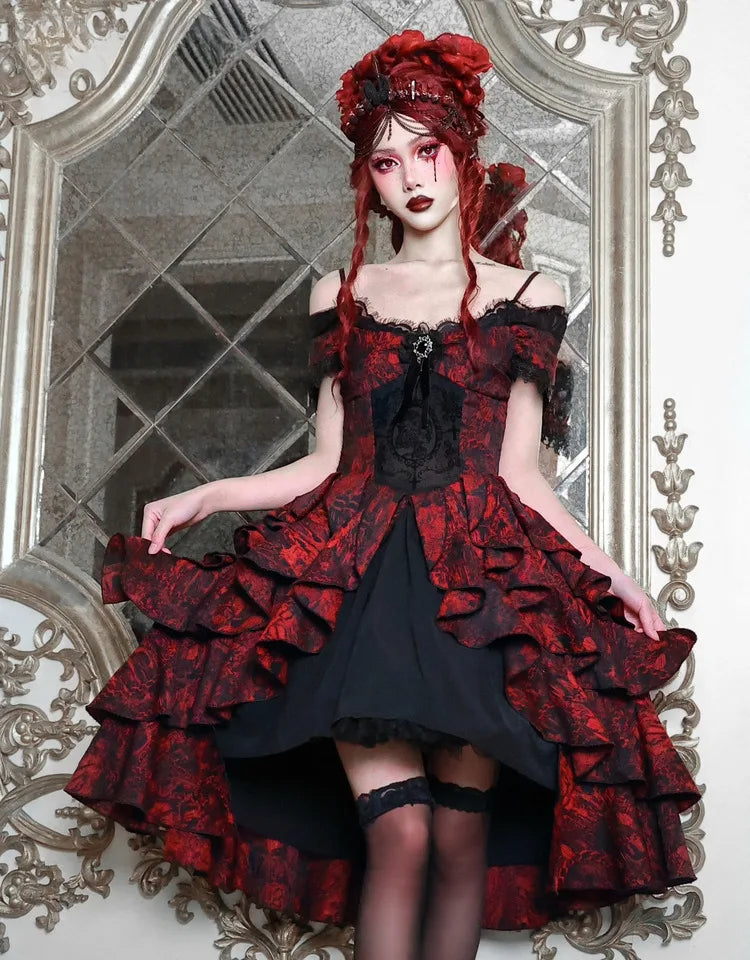Japanese Gothic Style Red Black Halloween Off-Shoulder Court Wave Autumn Dark High-Waist Lolita Party Dress - View 5 | VelvetHem