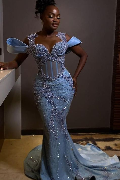 Stunning Off the shoulder Blue Mermaid Beaded Floor length Prom Dresses - VelvetHem
