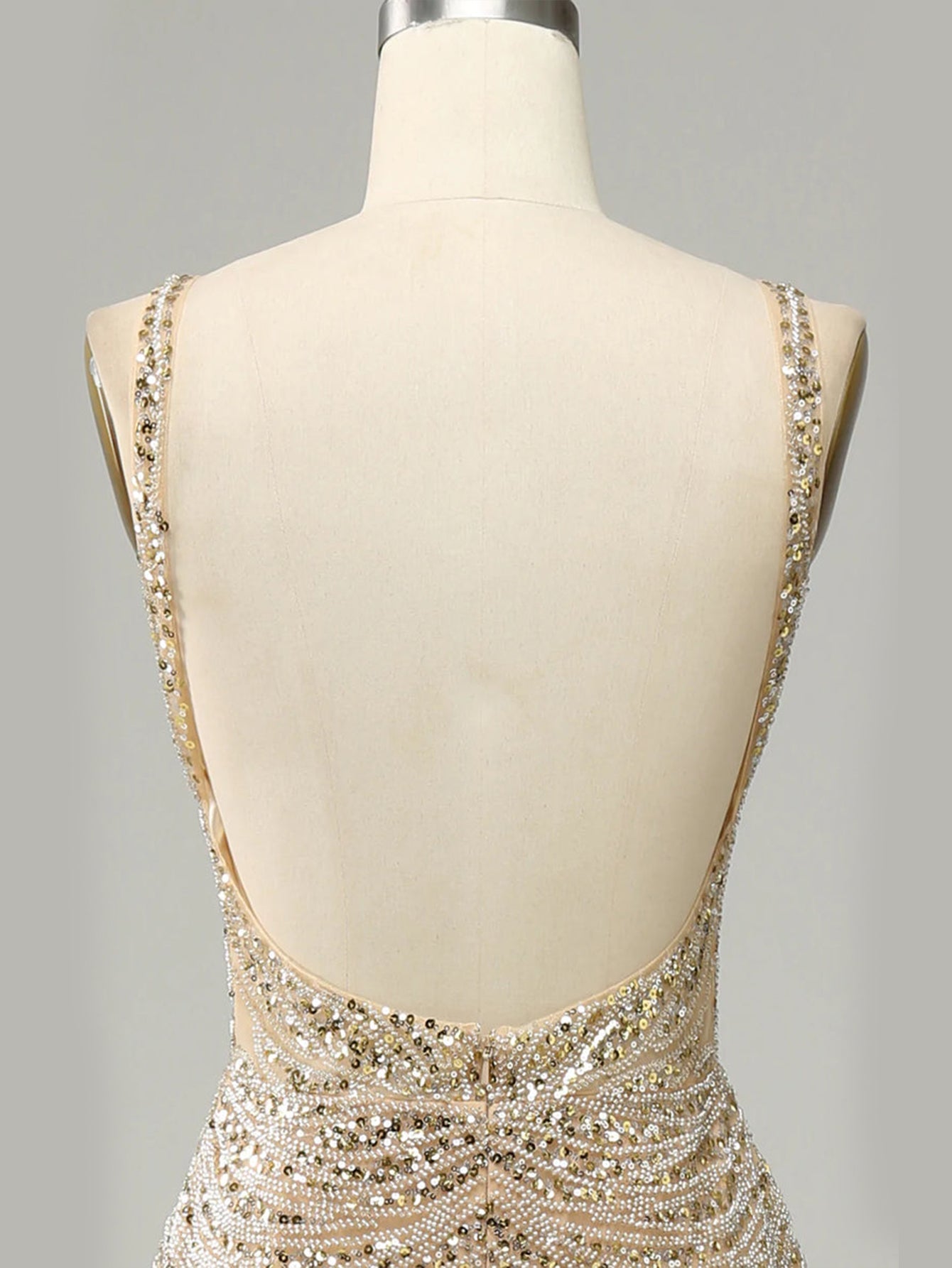 Golden Deep V Neck Stripes Backless Sleeveless Long Prom Dress - Fashionpara