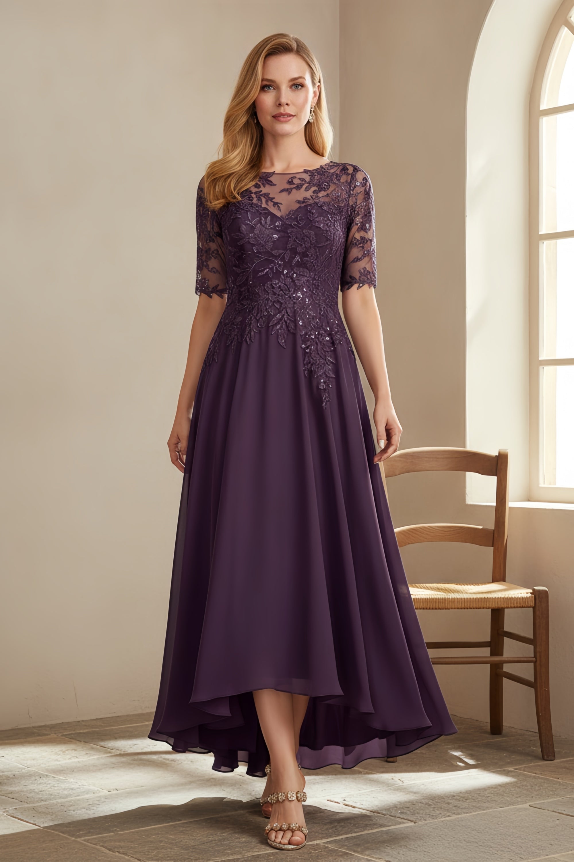 Elegant Lace Embroidered Half Sleeve High-Low Evening Dress