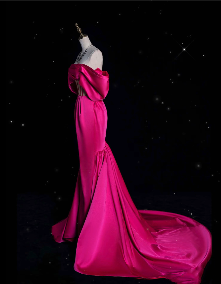 Sexy Mermaid Off The Shoulder Neckline Satin Pink Long Prom Dresses Party Dress