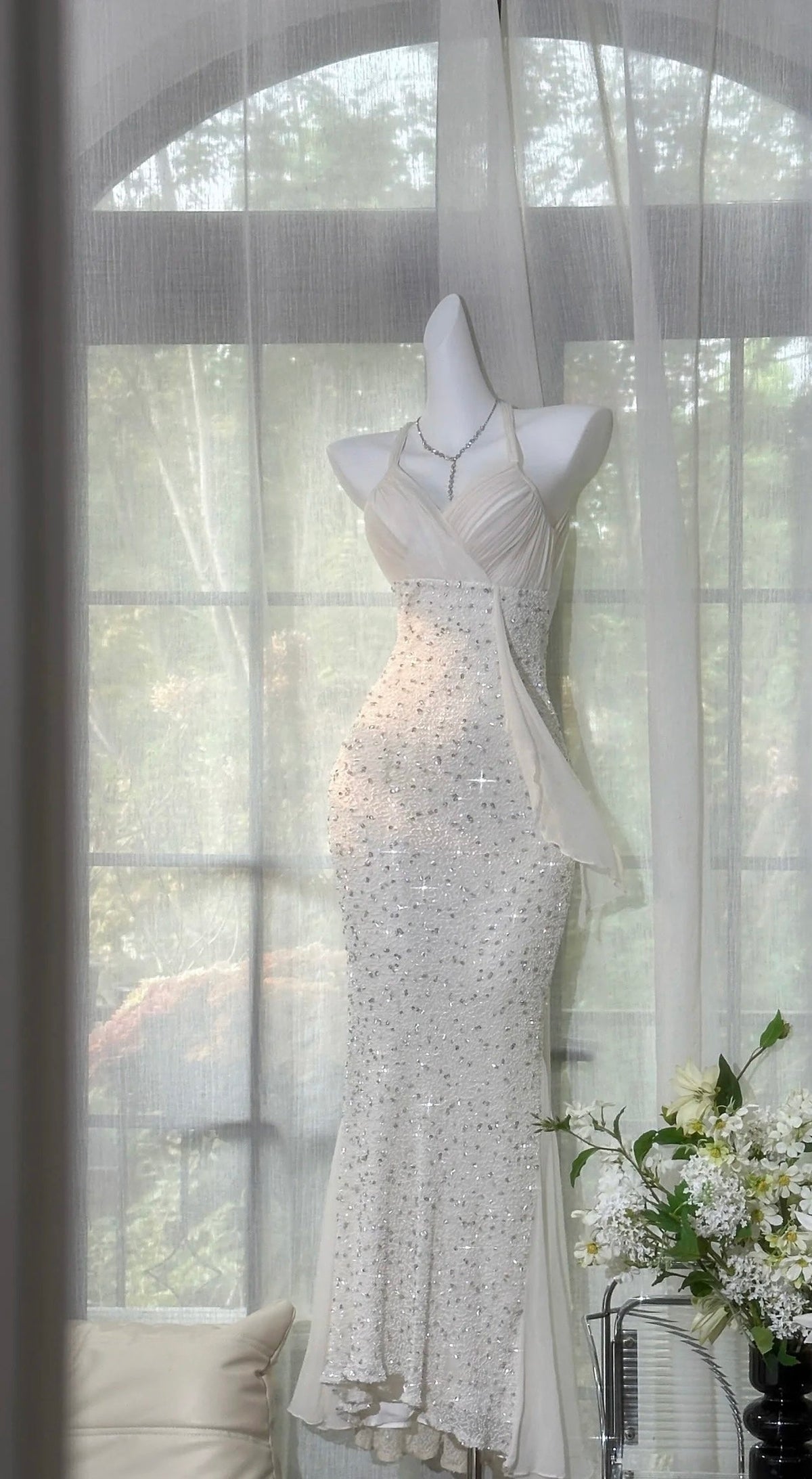 Backless Sequin Long Prom Dress Ivory Sexy Evening Dress