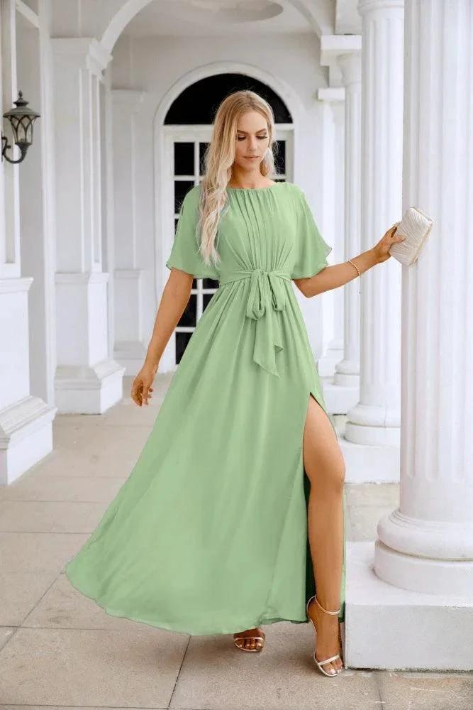 Ladies Chiffon Sleeve Crew Neck Front Slit Floor Length Bridesmaid Evening Dress Wedding Party Evening Dress 28124 by numbersea
