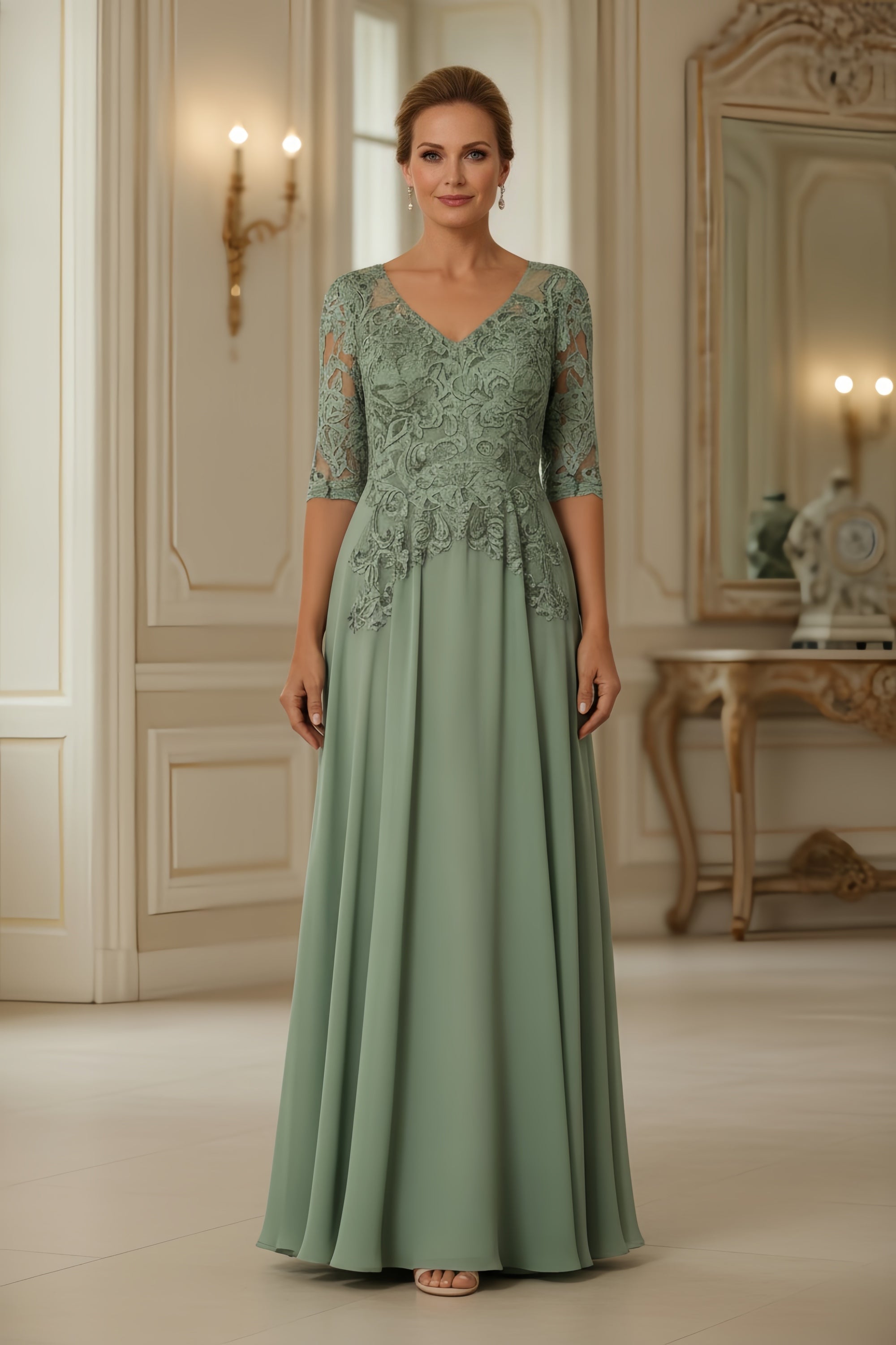 Elegant Floral Lace Applique A-Line Floor-Length Evening Gown