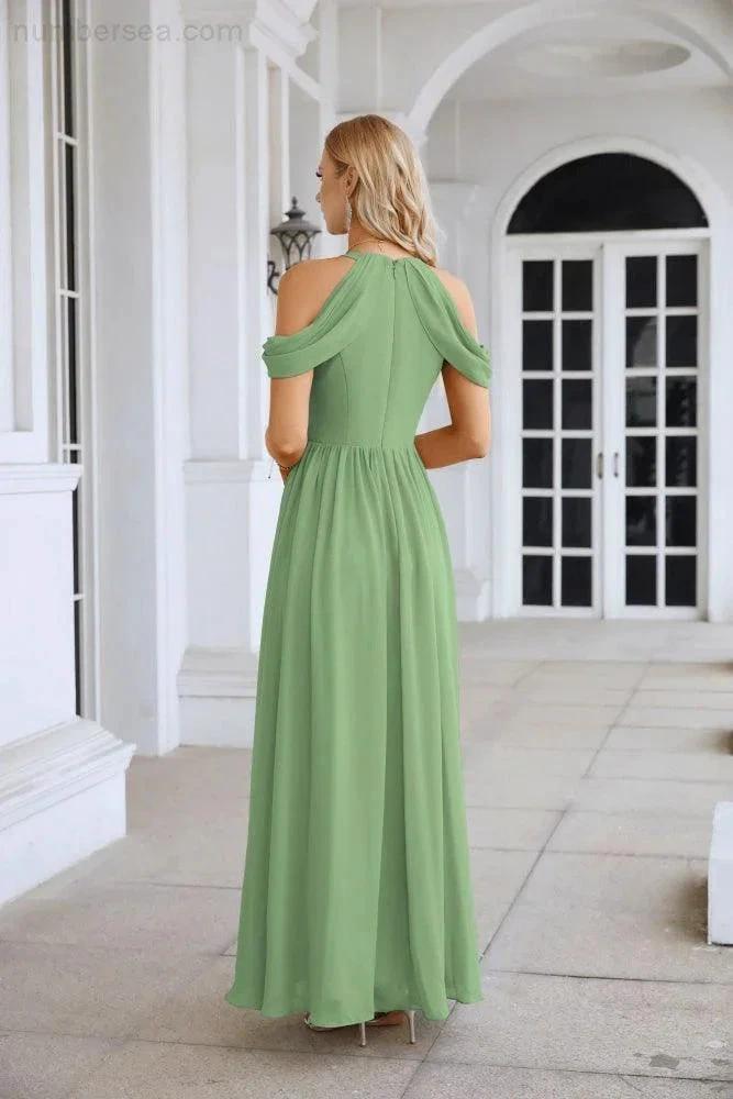 Ladies Chiffon Off Shoulder Swing Sleeve Front Slit Bridesmaid Evening Dress Wedding Party Evening Dress 28117 (ZD17011)