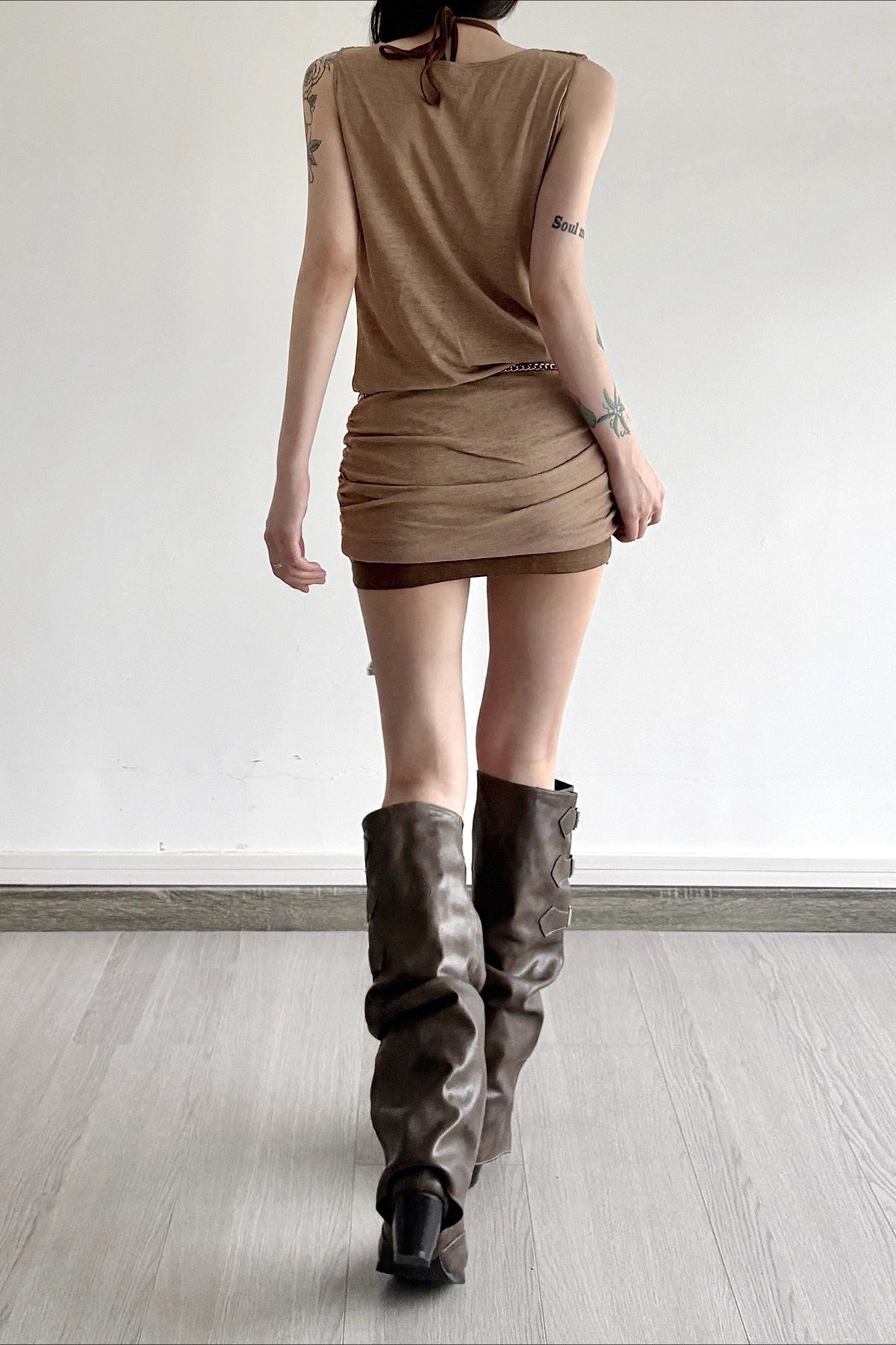 Distressed Draped Neck Beaded Two Piece Bodycon Mini Dress
