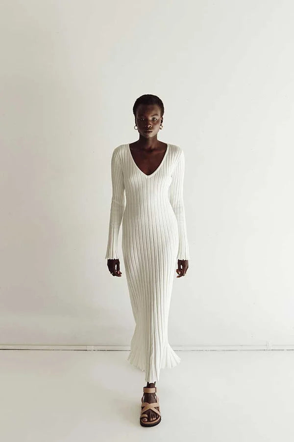 Luisa Elevated Knitted Midi Dress with V Neck and Sleeves Boutique Collection