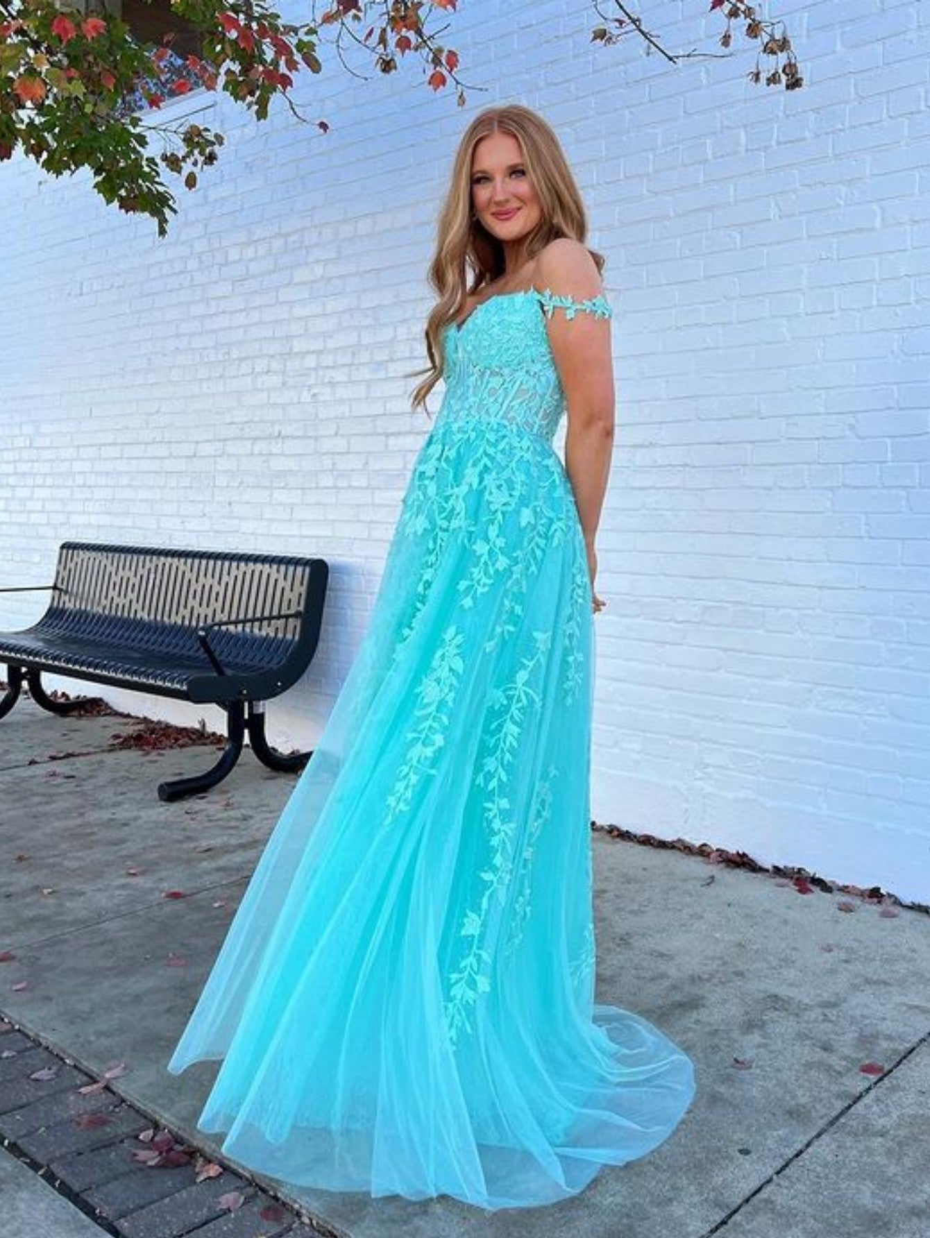 A Line Navy Straps Lace Long Prom Dress - Fashionpara