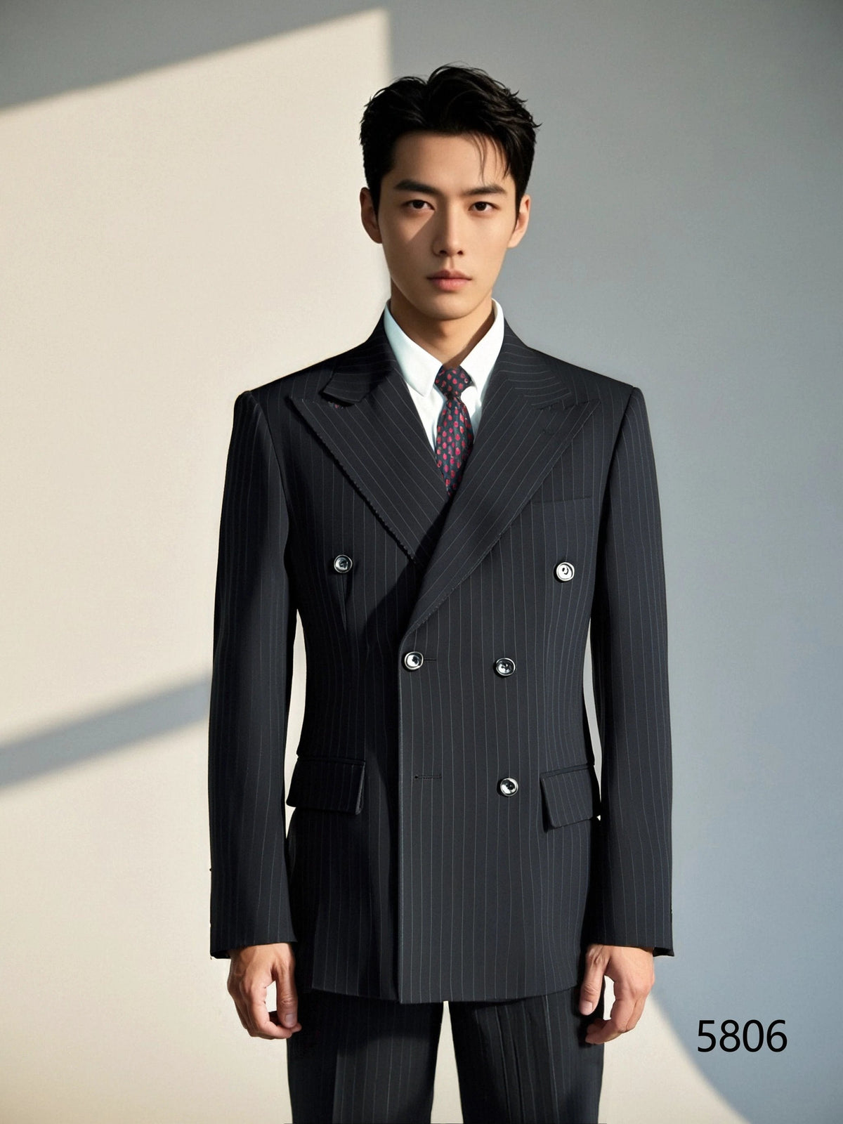 Black Pinstripe Double Breasted Wool Suit For Weddings Three Piece Groom Attire (ZD17118)