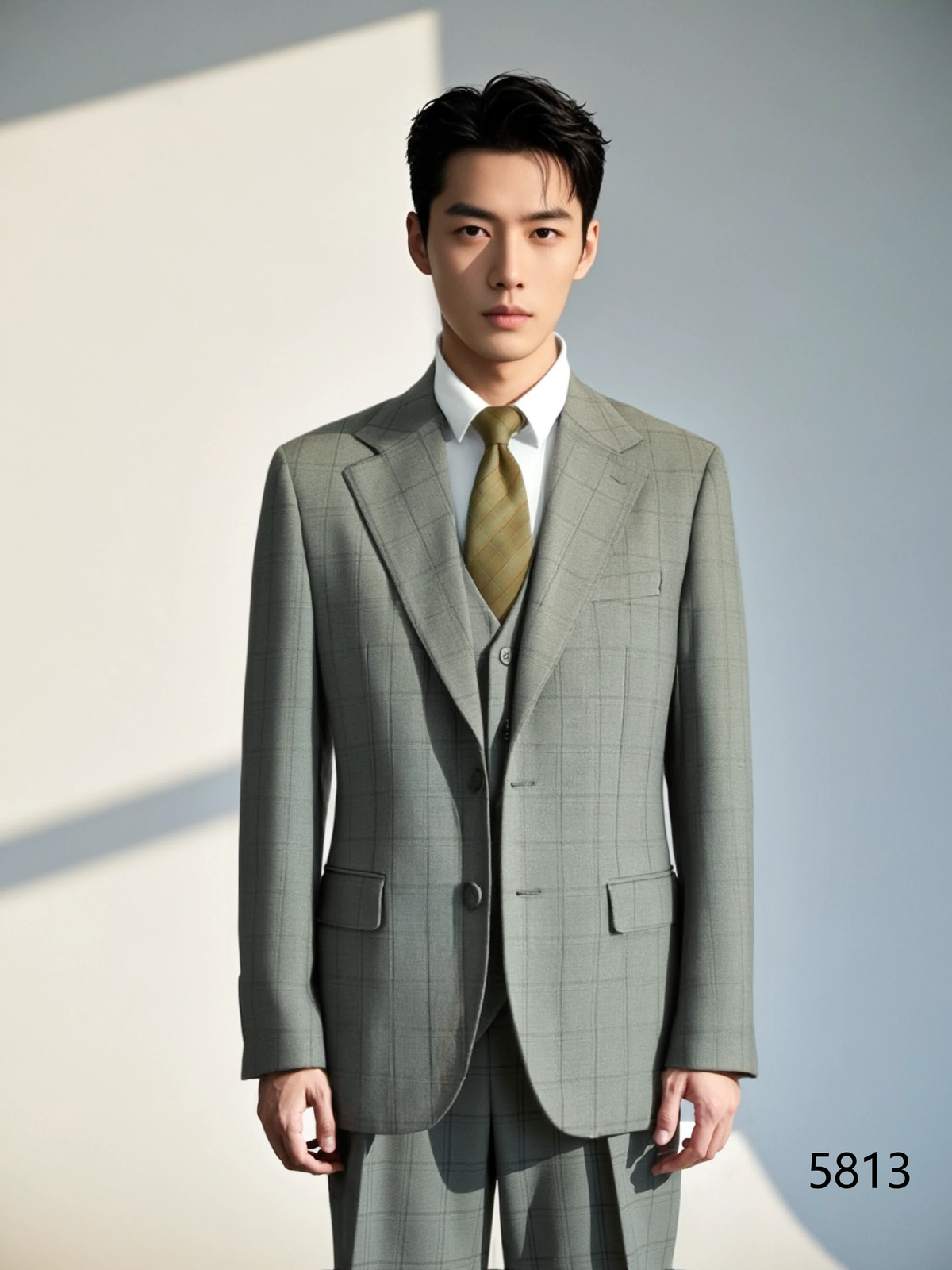 Light Grey Windowpane Wool 3 Piece Wedding Suit For Groom And Groomsmen (ZD17114)