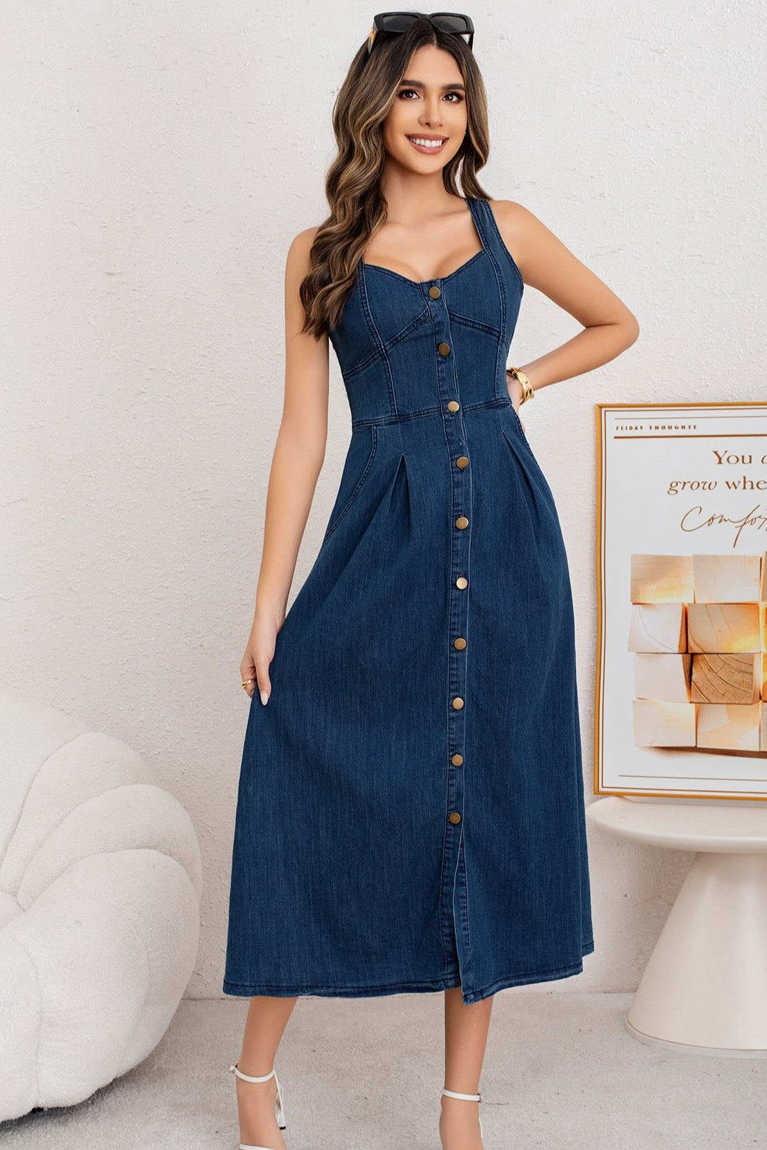 Washed Button Front Cami Denim Dress - View 10 | VelvetHem
