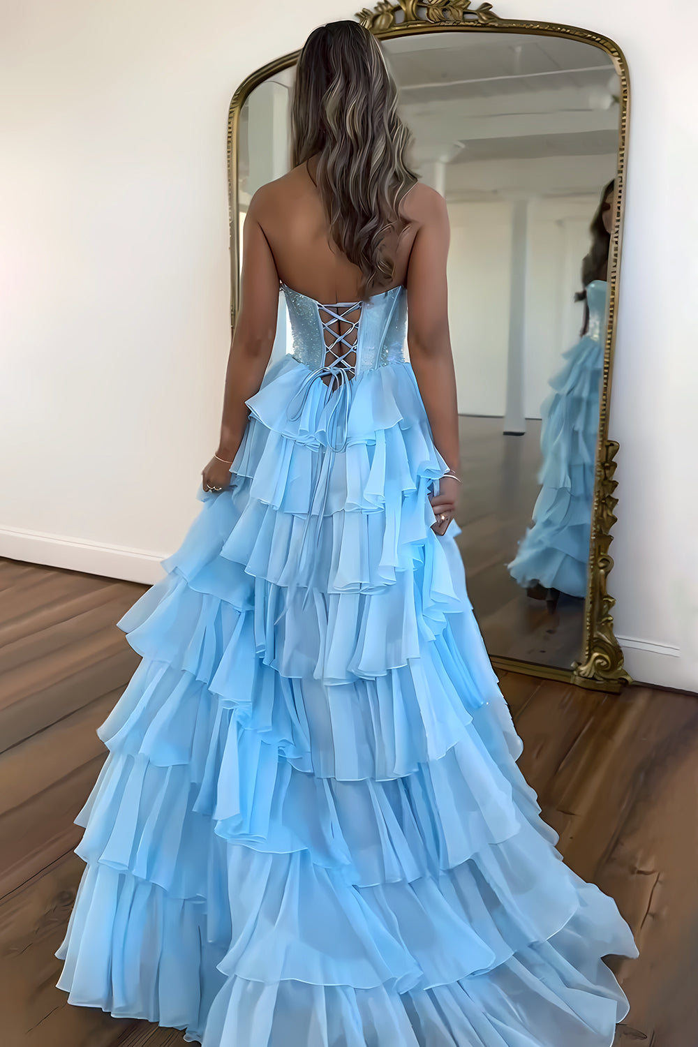 Stunning Strapless A-Line Sparkly Long Layered Chiffon Prom Dress With Slit