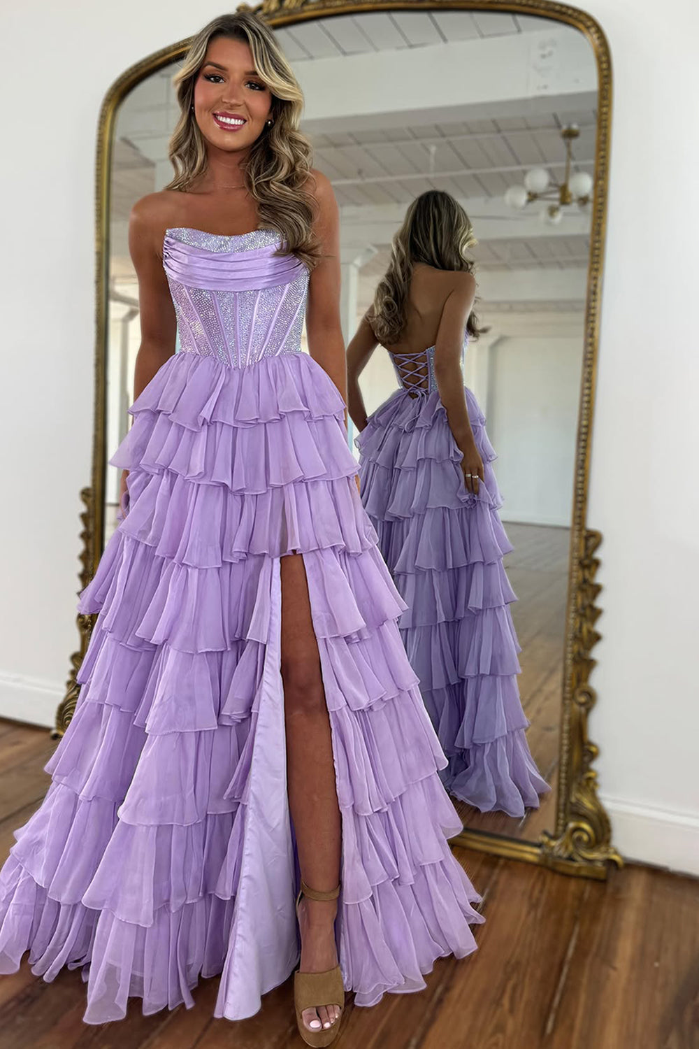 Gorgeous Royal Blue A-Line Sparkly Long Layered Chiffon Prom Dress With Slit
