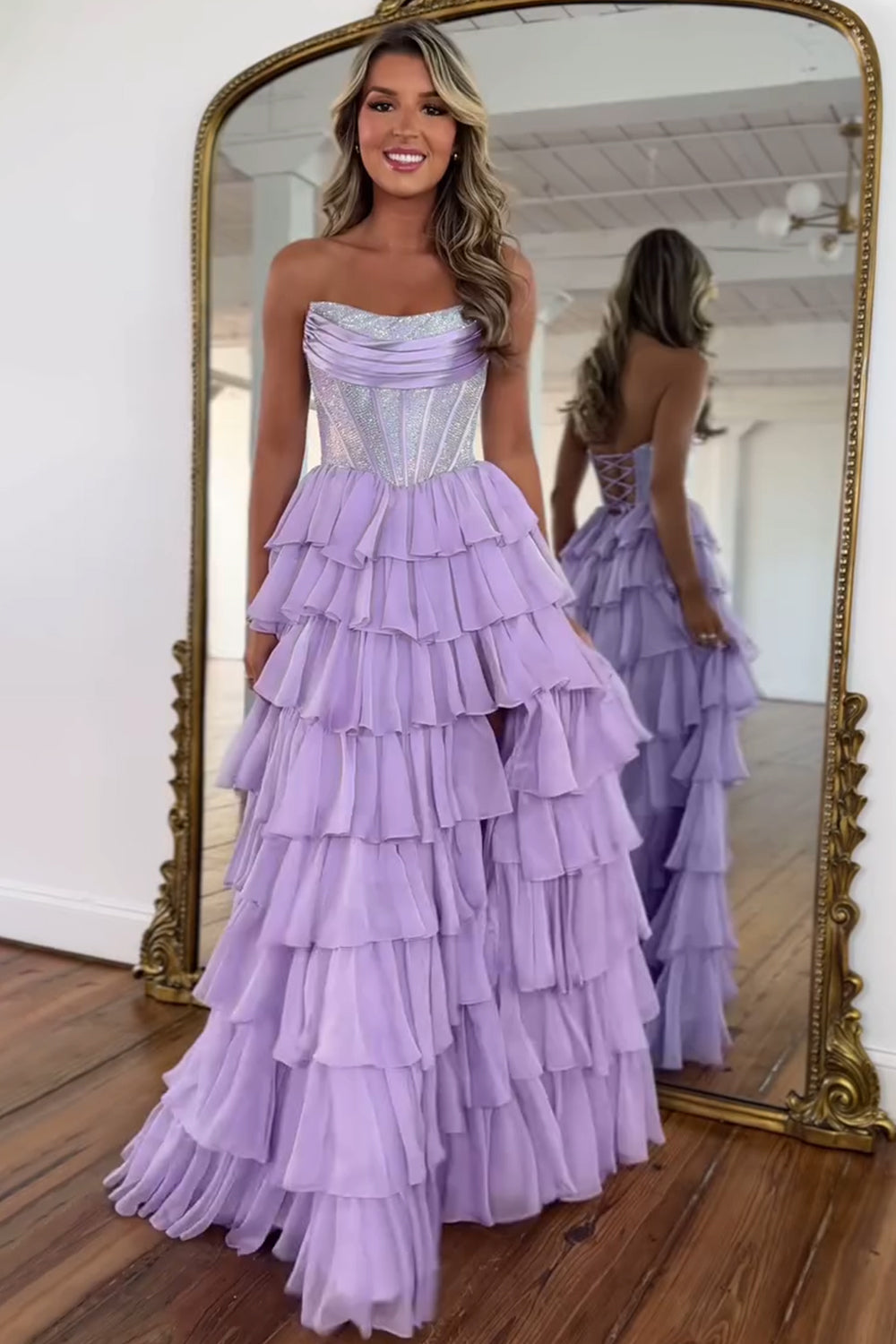 Gorgeous Royal Blue A-Line Sparkly Long Layered Chiffon Prom Dress With Slit