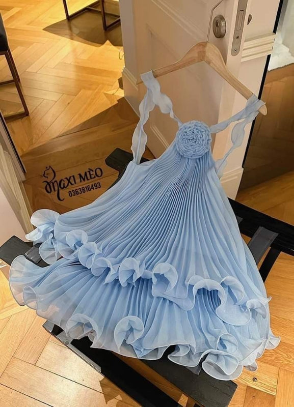 Cute A-Line Halter Baby Blue Pleated Homecoming Dress Birthday Dress