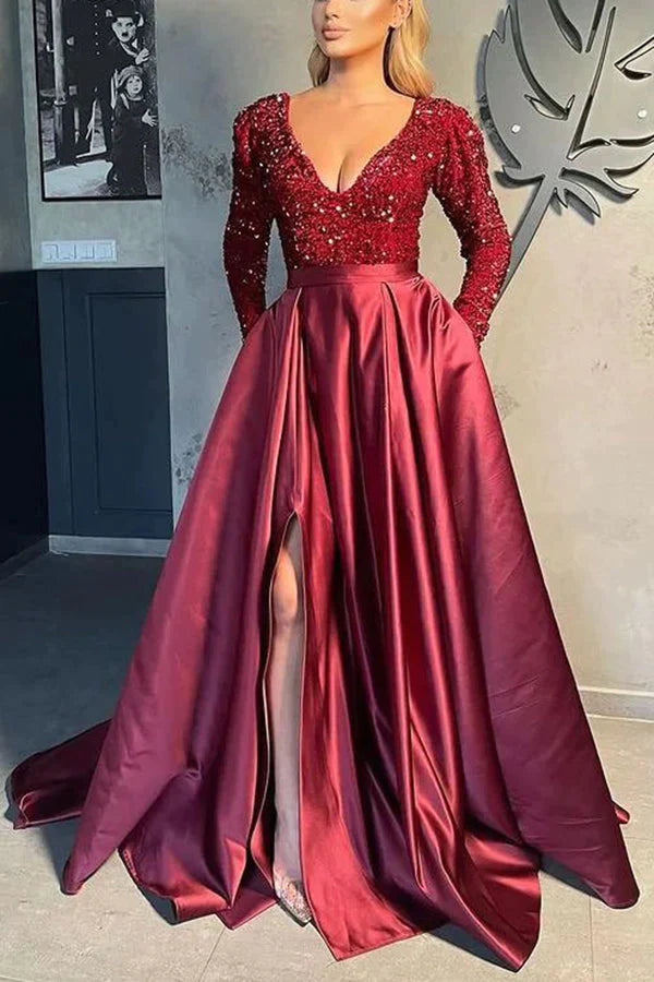 Gorgeous Long Sleeves V-Neck Sequins Satin Prom Dress - View 2 | VelvetHem
