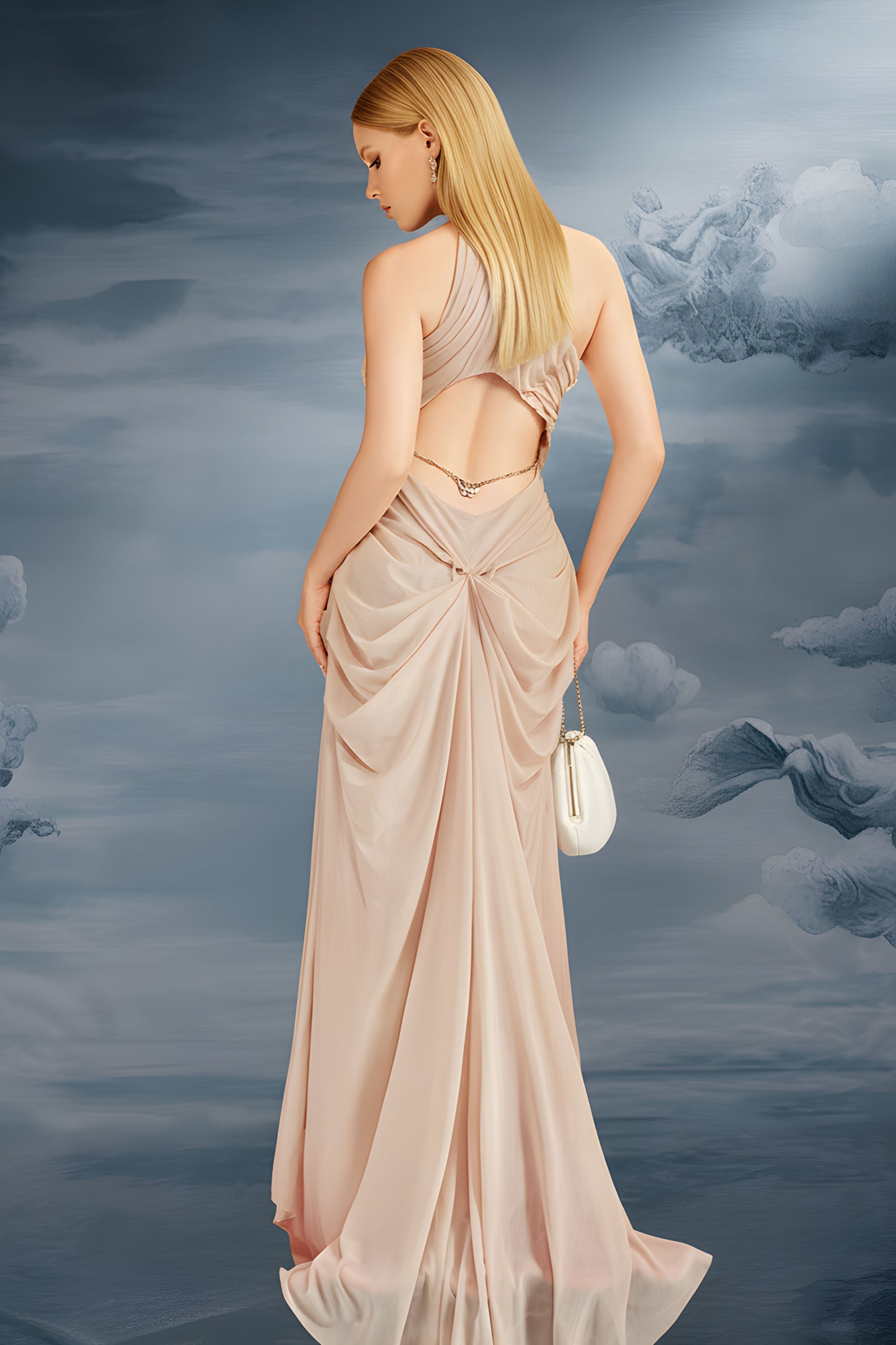Ruched Halter Neck Cutout Evening Gown with Keyhole Draped Skirt
