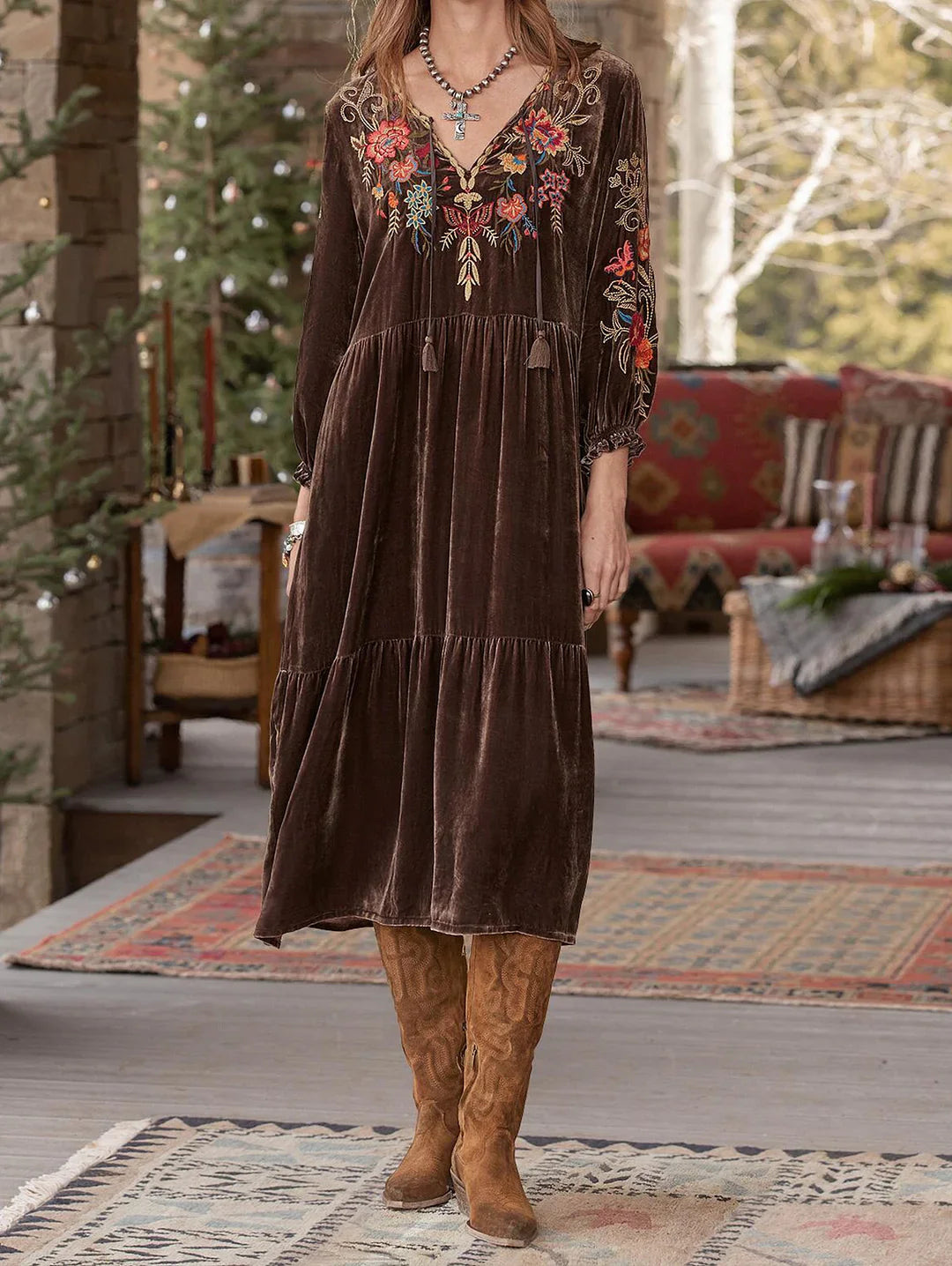 Tassel Front Spliced V Neck Velvet Midi Dress