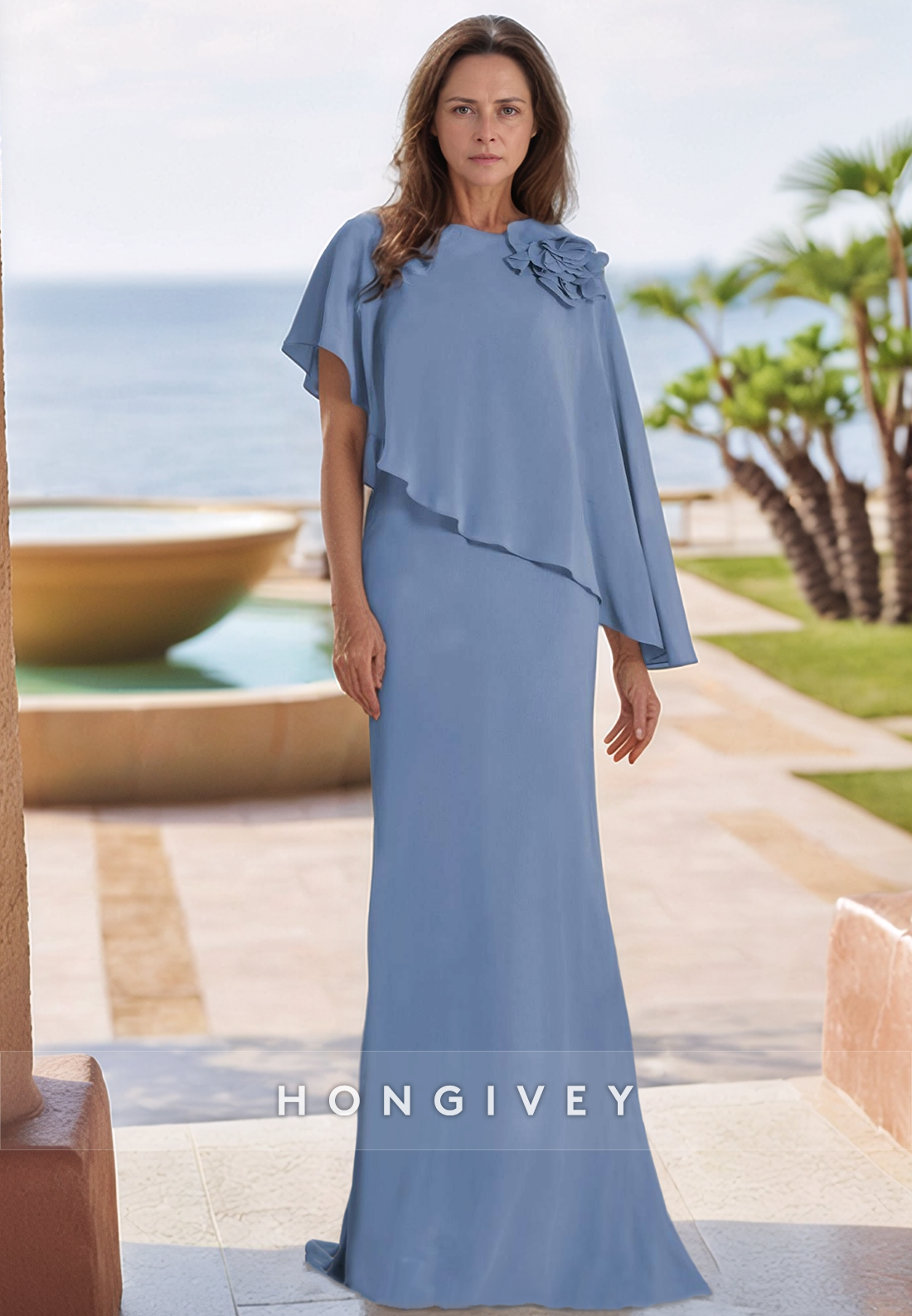 Sheath Sweep Train Chiffon Flowers Elegent Mother of the Bride Dress
