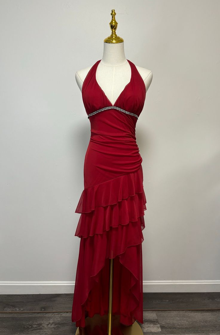 Vintage Red Asymmetrical Ruffle Tiered Halter Formal Prom Dress Evening Dress