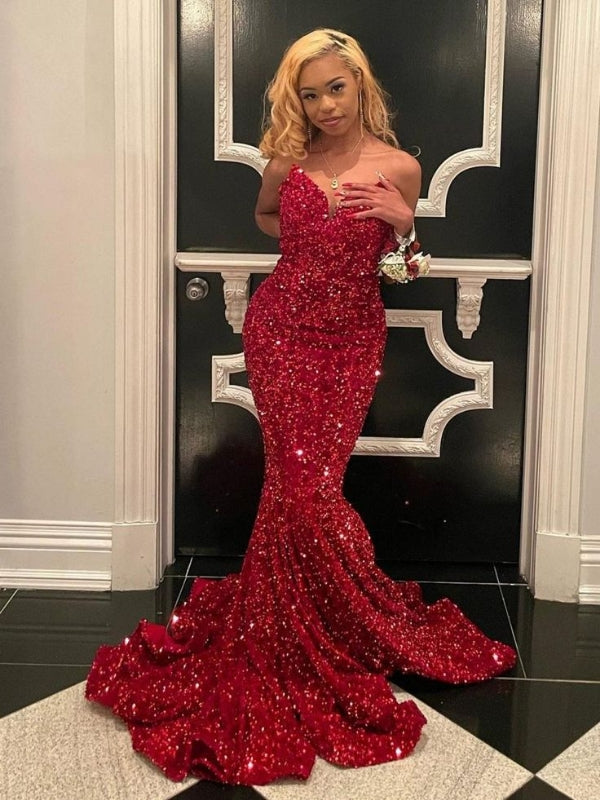 Red Mermaid Sweetheart Sequins Long Prom Dresses Sparkle Evening Dress