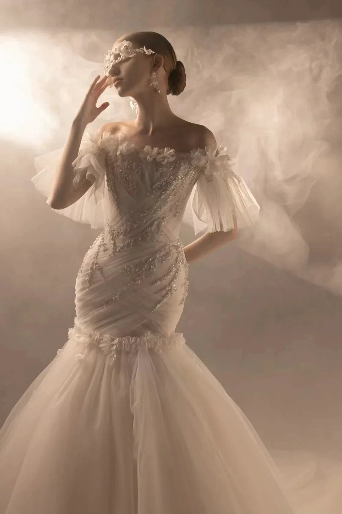 Ethereal Mermaid Off-the-Shoulder Tulle Wedding Dress with Beaded Embroidery & 3D Floral Accents (ZD16913)