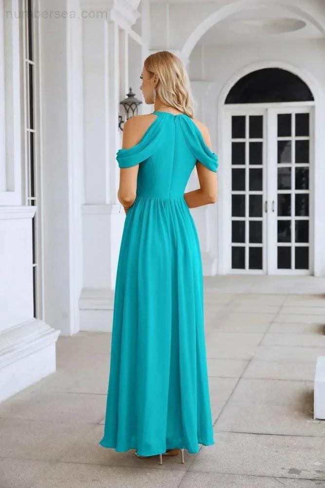 Ladies Chiffon Off Shoulder Swing Sleeve Front Slit Bridesmaid Evening Dress Wedding Party Evening Dress 28117 (ZD17011)